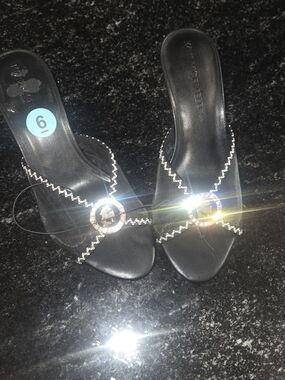 Karl Lagerfeld Black Heeled Slide Sandals with Crystal Buckle